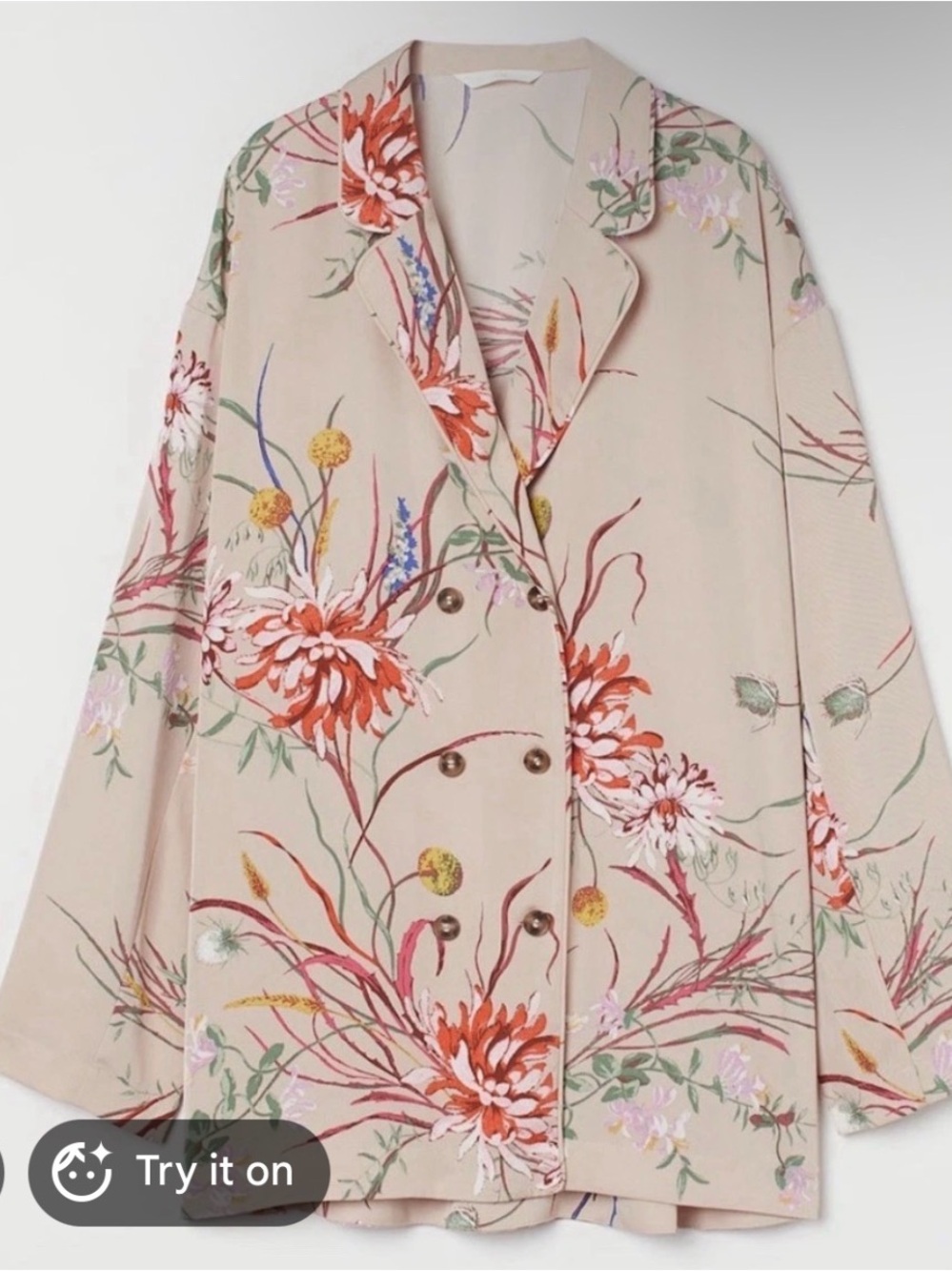 H&M beige floral print blazer features a double-breasted button design